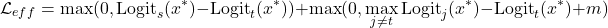 \[\mathcal{L}_{eff} = \max(0, \text{Logit}_s(x^*) - \text{Logit}_t(x^*)) + \max(0, \max_{j \neq t} \text{Logit}_j(x^*) - \text{Logit}_t(x^*) + m)\]
