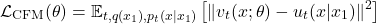 \[\mathcal{L}_{\text{CFM}}(\theta) = \mathbb{E}_{t, q(x_1), p_t(x|x_1)} \left[ \| v_t(x; \theta) - u_t(x|x_1) \|^2 \right]\]