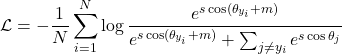 \[\mathcal{L} = -\frac{1}{N}\sum_{i=1}^N \log \frac{e^{s \cos(\theta_{y_i} + m)}}{e^{s \cos(\theta_{y_i} + m)} + \sum_{j \neq y_i} e^{s \cos\theta_j}}\]