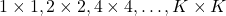 1\times 1, 2\times 2, 4\times 4, \dots, K\times K