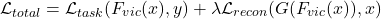 \[\mathcal{L}_{total} = \mathcal{L}_{task}(F_{vic}(x), y) + \lambda \mathcal{L}_{recon}(G(F_{vic}(x)), x)\]